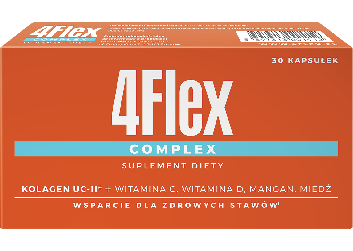 Obraz przedstawia opakowanie suplementu diety 4Flex Complex. Produkt wspiera zdrowie stawów, zawierając kolagen UC-II, witaminy C i D, mangan oraz miedź.