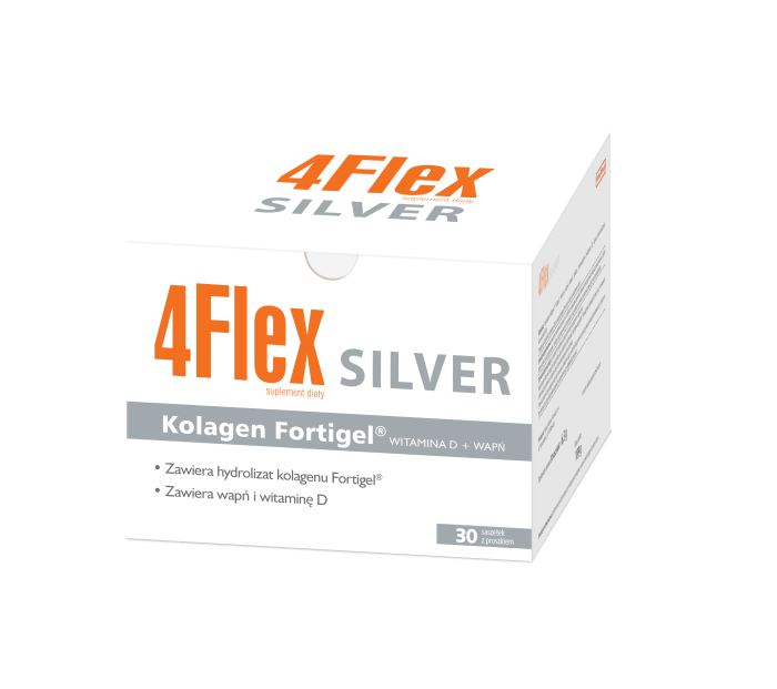Suplement diety 4Flex silver na stawy. Kolagen nowej generacji z wapniem i witaminą D. Opakowanie 30 saszetek z proszkiem.