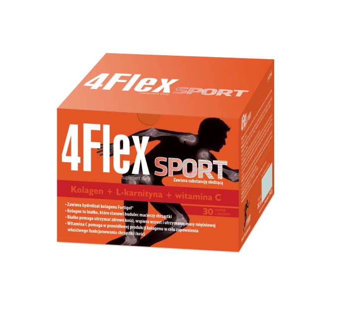 Suplement diety 4Flex sport – łatwo przyswajany kolagen z l-karnityną. Produkt przeznaczony dla osób aktywnych i dbających o zdrowy tryb życia.